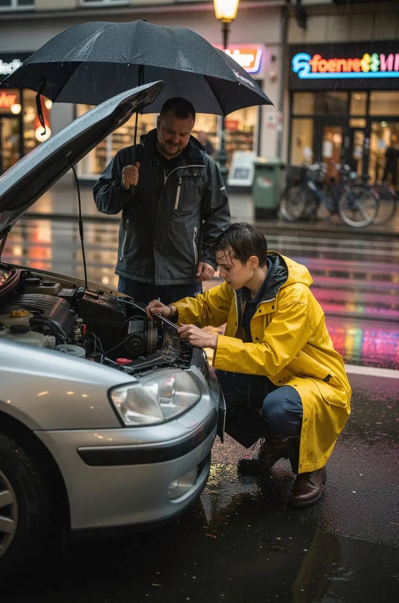 Mechaniker testet Sensorsystem eines Fahrzeugs bei mobiler Notfallreparatur.